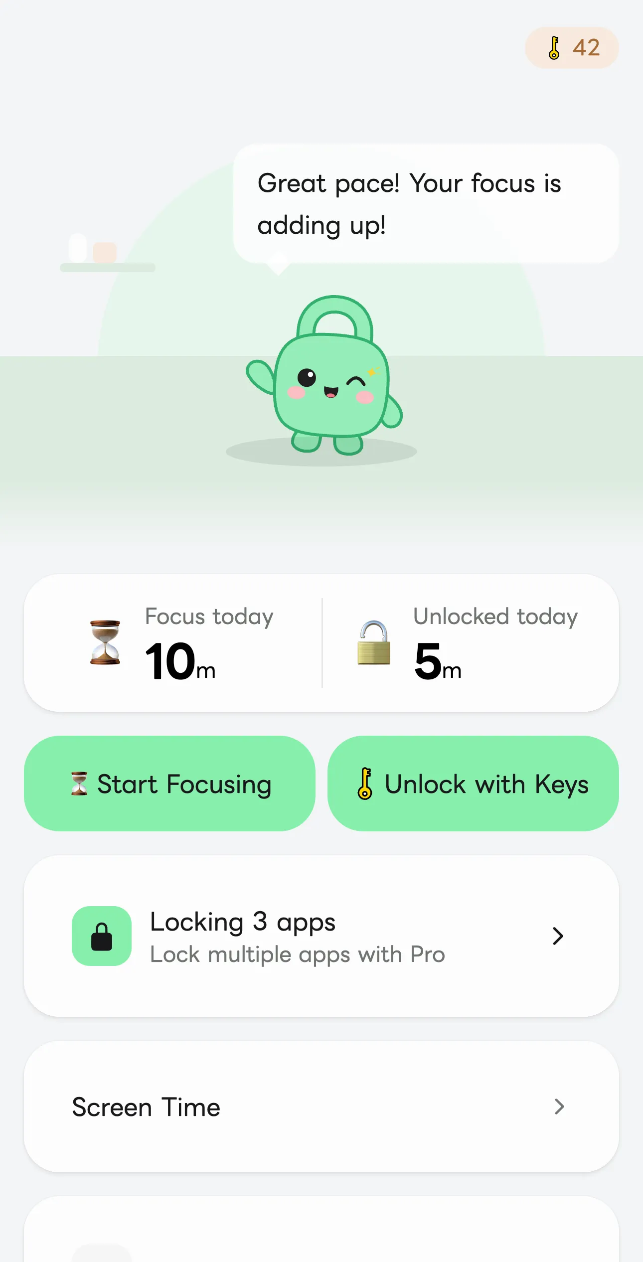 The Atosuma home screen: today's focus time and unlocked time, Start Focusing and Unlock with Keys buttons, and the number of locked apps.