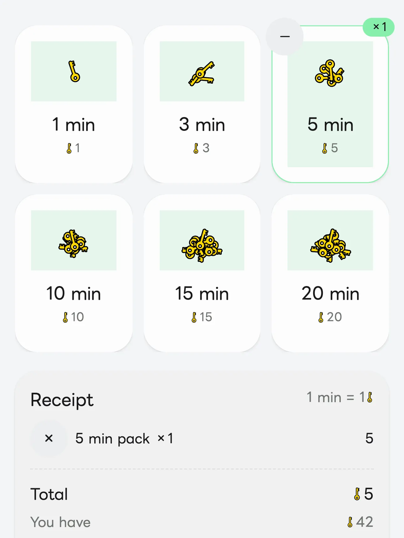 The Unlock apps screen: packs from 1 to 20 minutes, and a receipt showing the chosen pack, the total keys, and the rate “1 min = 1 key.”